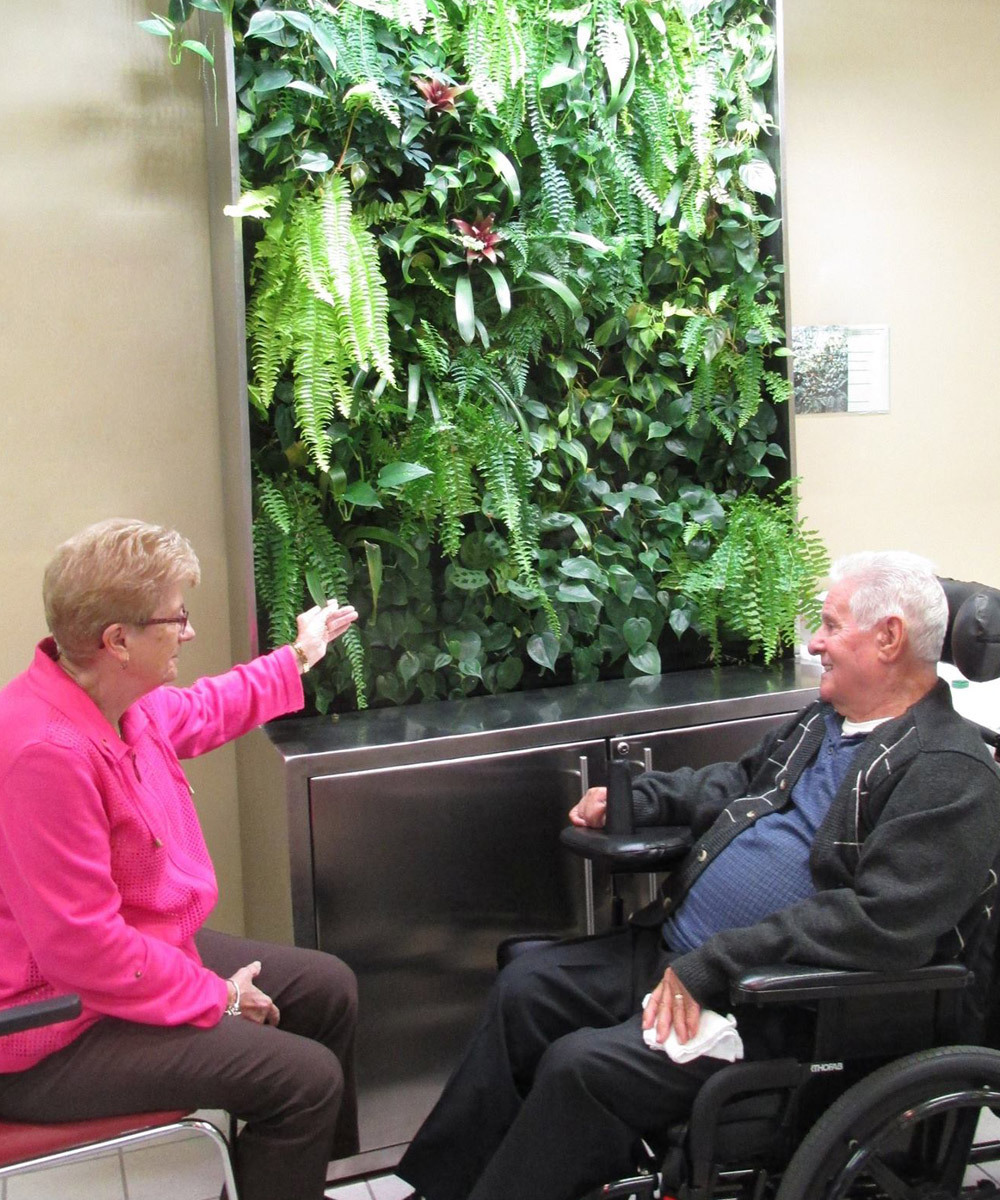 People admiring living wall